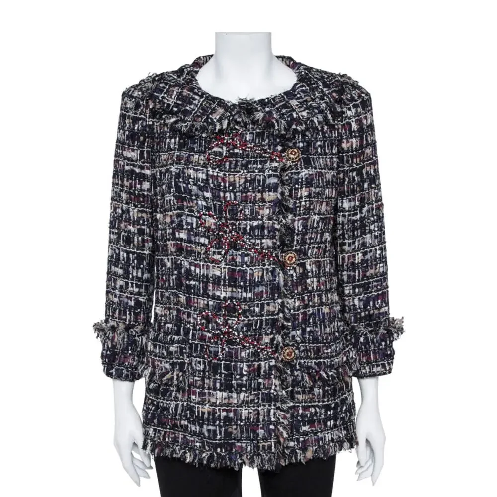 CHANEL 10C Runway Tweed Jacket Crystal Embroidered Fringe IT 42 Karl Lagerfeld